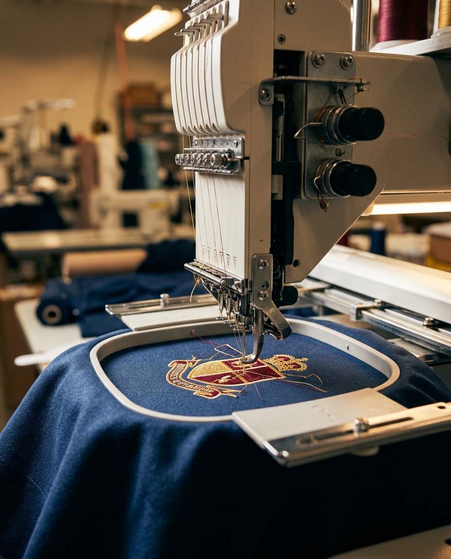 Industrial embroidery machine stitching a gold and red logo onto navy twill