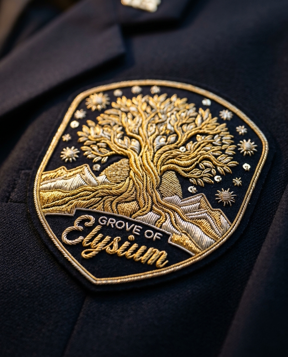 Hand-embroidered gold and silver bullion crest patch