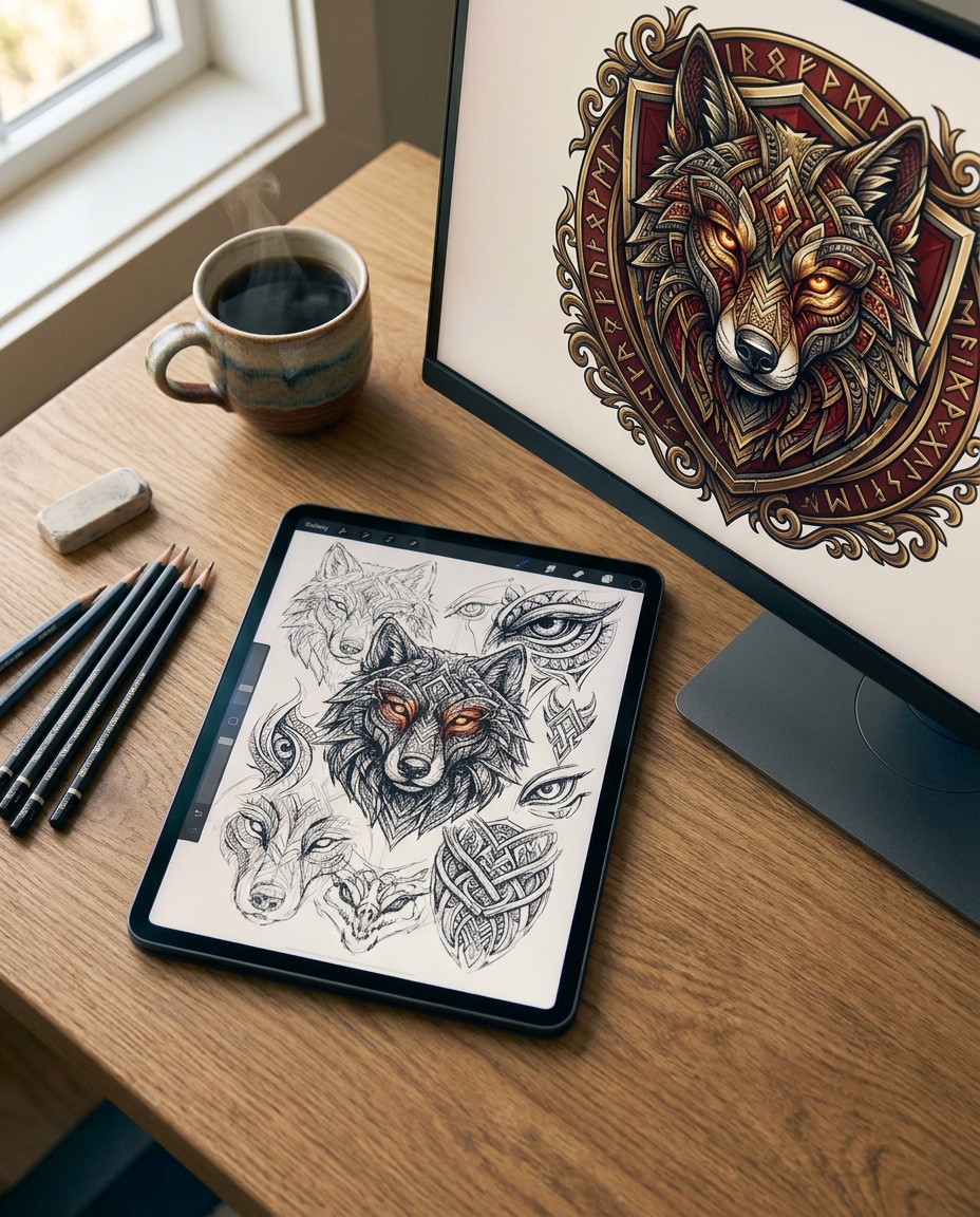 Logo and brand design studio desk
