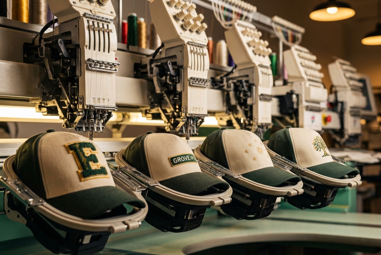 Embroidery machines stitching logos onto caps