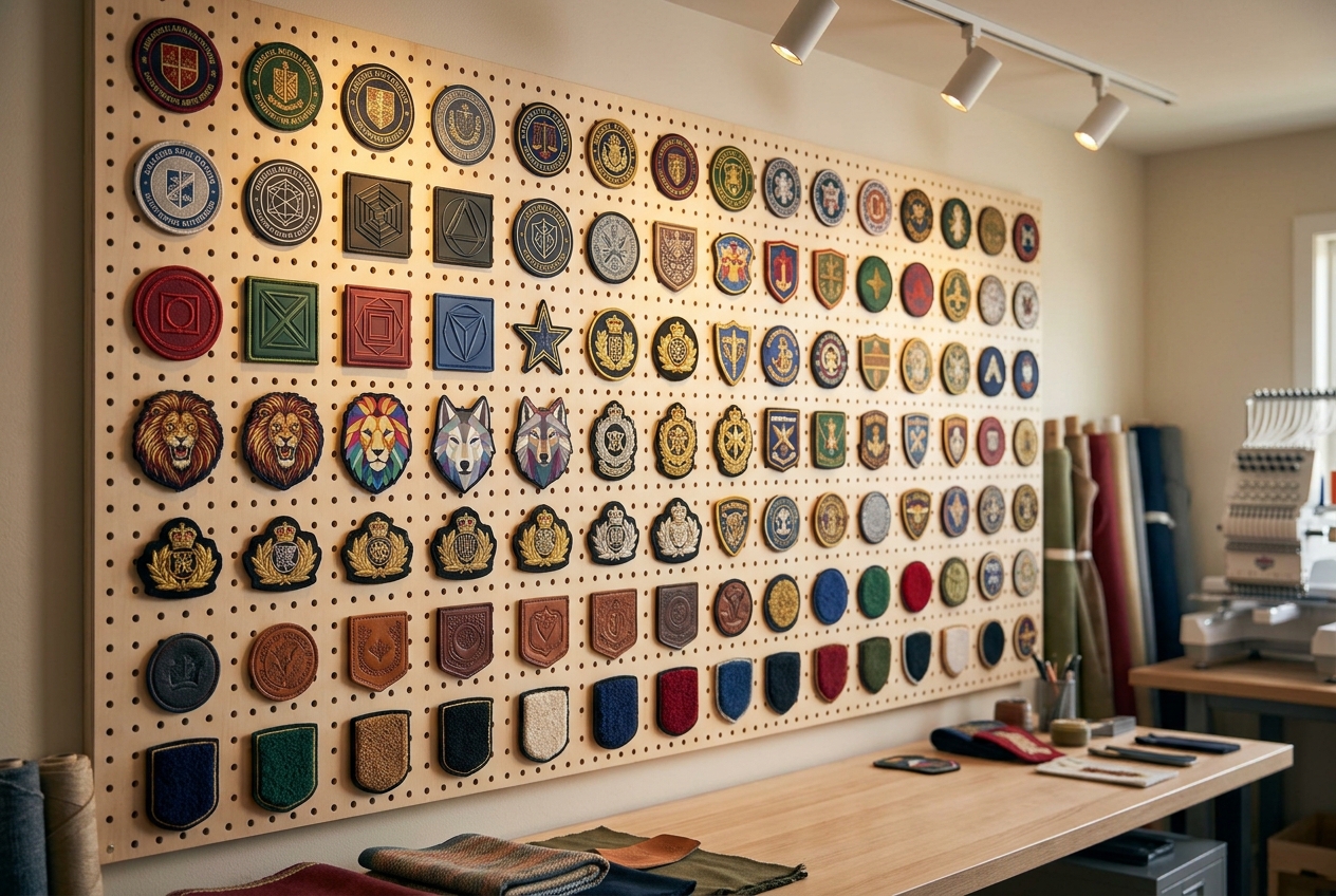 Wall of custom embroidered patches for different clients