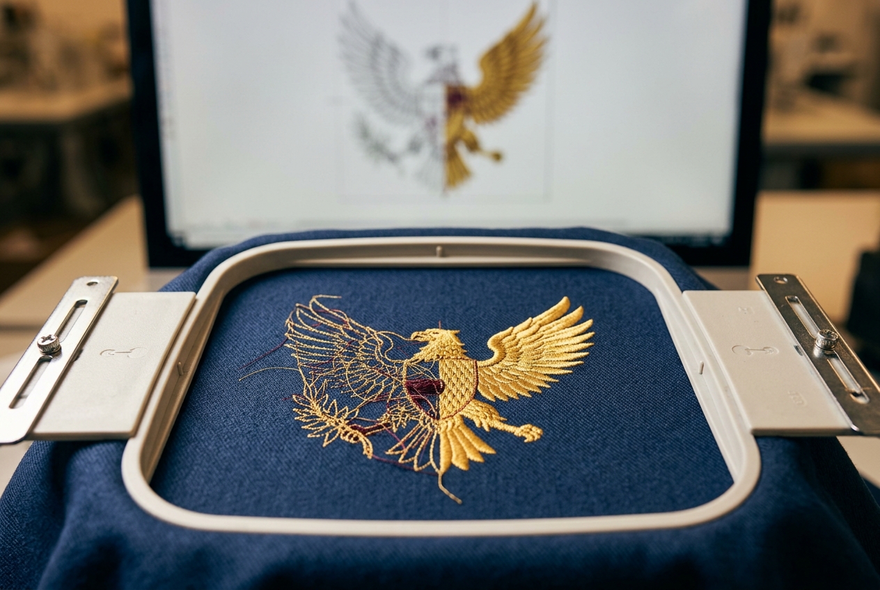 Embroidery hoop with a partially stitched golden eagle emblem