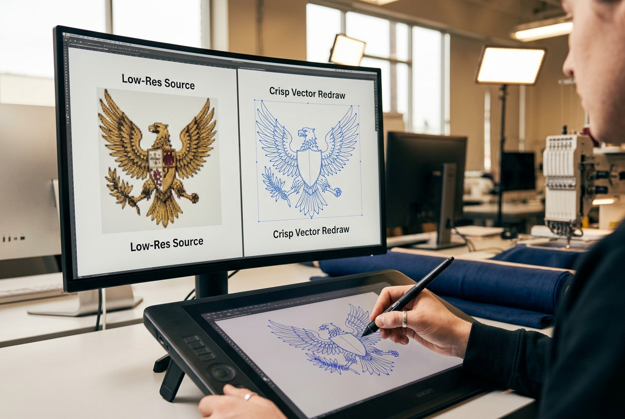 Designer redrawing a crest logo as vector artwork on a monitor